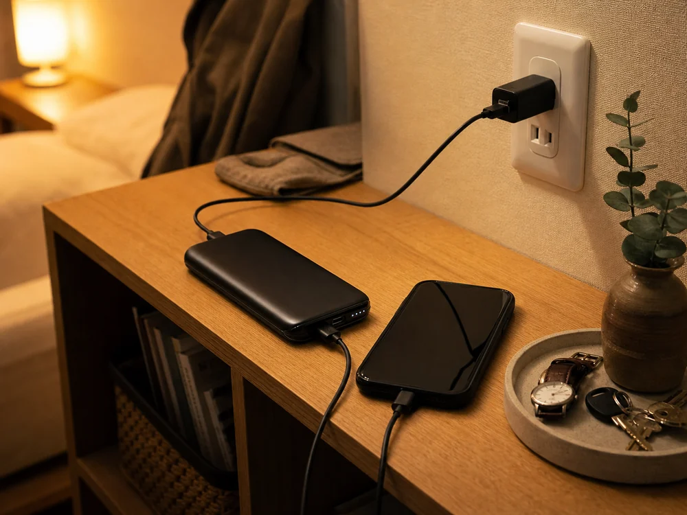 夜の準備でまとめて充電しているモバイルバッテリーのイメージ