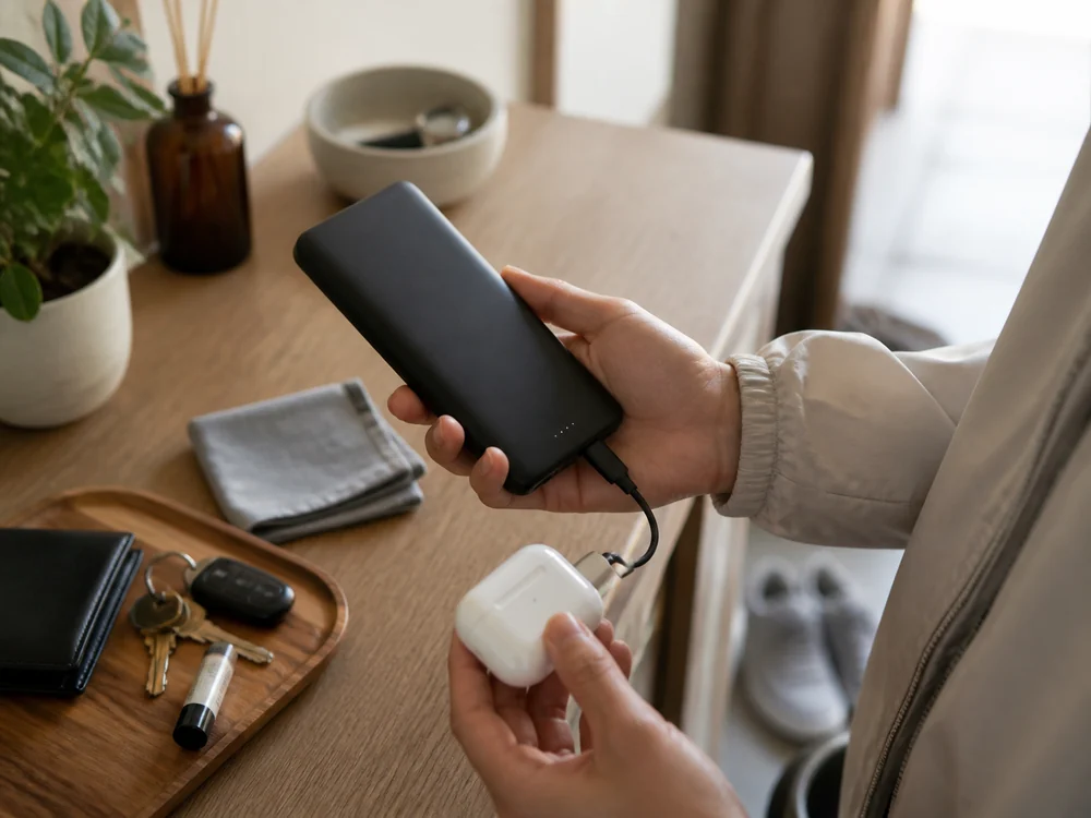 ワイヤレスイヤホンなどの小物を充電するモバイルバッテリーのイメージ