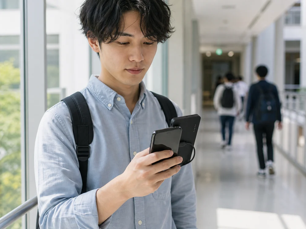 スマートフォンと重ねて持ちやすい薄型モバイルバッテリーのイメージ