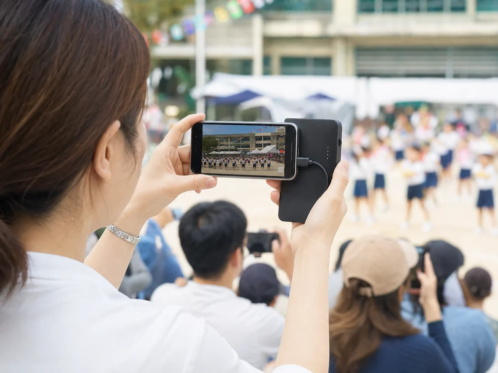 スマートフォンと重ねて持ちながら撮影に使う薄型モバイルバッテリーのイメージ
