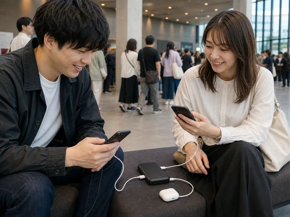 2台のスマートフォンを同時に支える3ポートモバイルバッテリーのイメージ