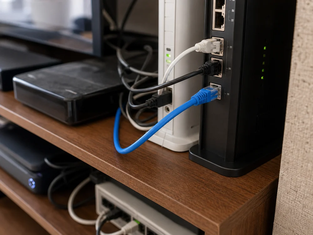 混み合ったルーター周りで青いLANケーブルを接続したイメージ