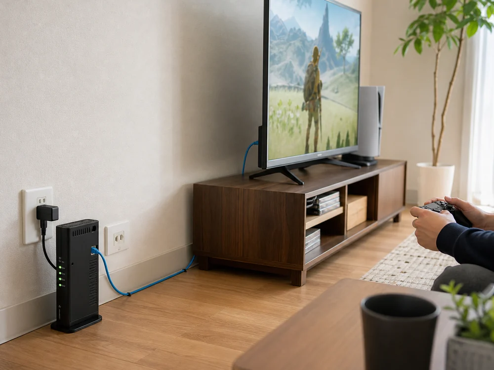 リビングでテレビ周りを有線接続する青いLANケーブルの使用イメージ