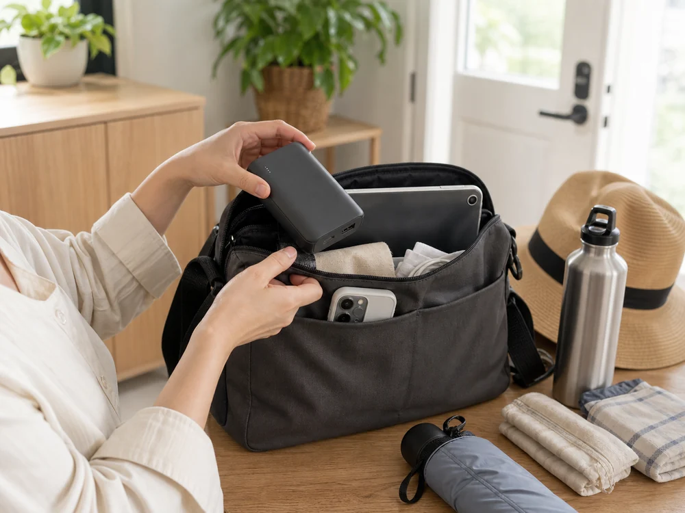 長時間の外出前にモバイルバッテリーをバッグへ入れるイメージ