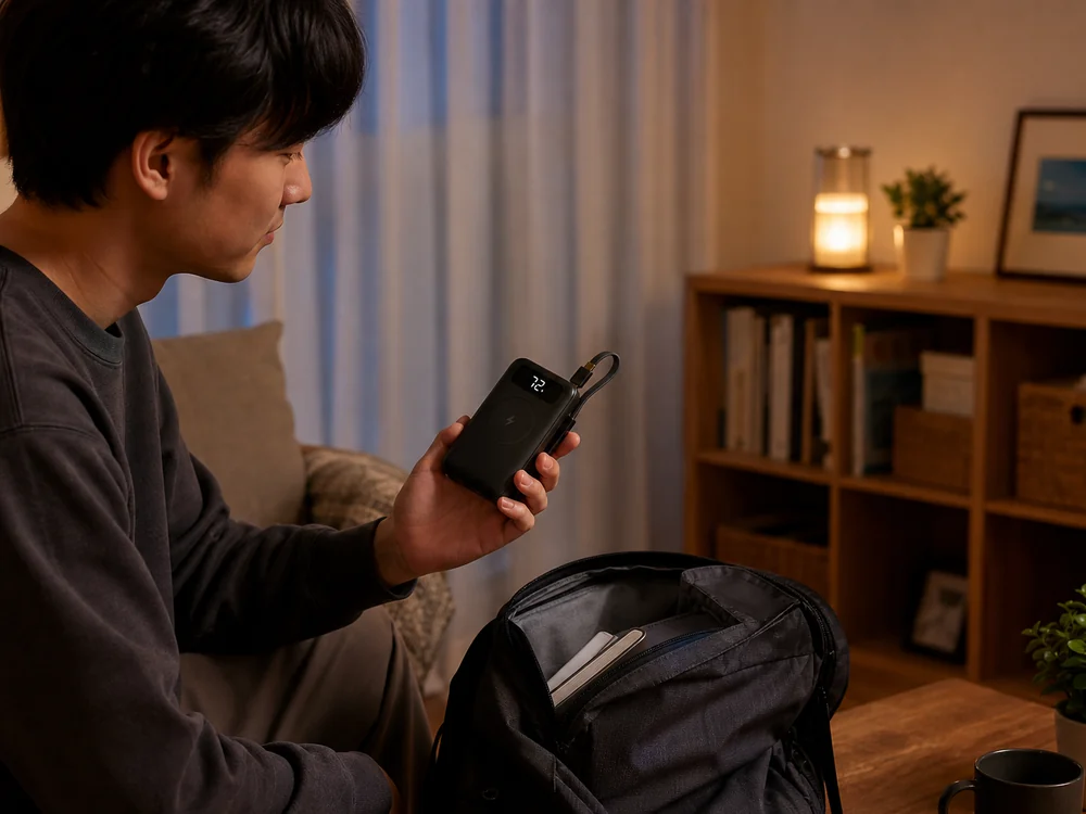 夕方の室内で残量表示を確認するモバイルバッテリーの使用イメージ