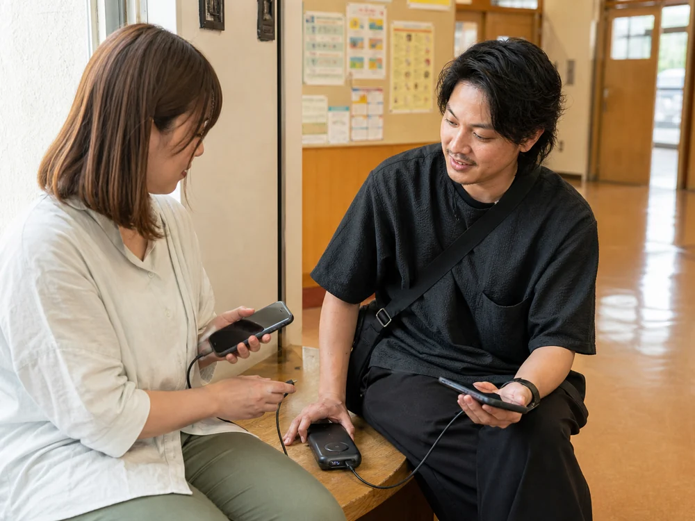 複数人のスマホ充電をまとめて支えるモバイルバッテリーの使用イメージ