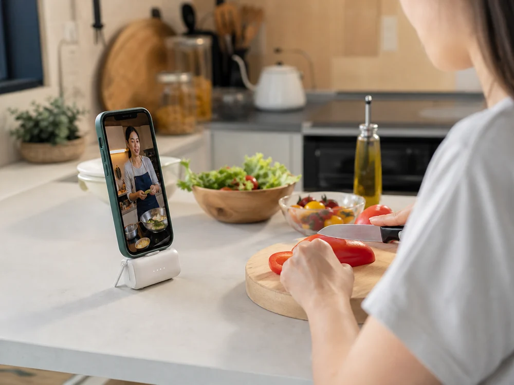 スタンド機能でスマホを立てながら使うモバイルバッテリーの場面