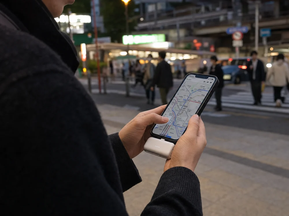 直挿し型モバイルバッテリーを付けたスマホで地図を確認する場面
