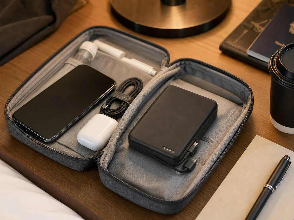 黒いモバイルバッテリーを旅行ポーチにまとめて持ち歩くイメージ