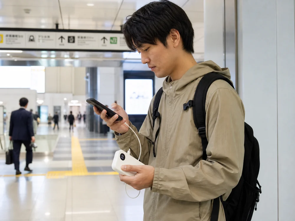 駅の移動中に白いモバイルバッテリーの内蔵ケーブルでスマホを充電するイメージ