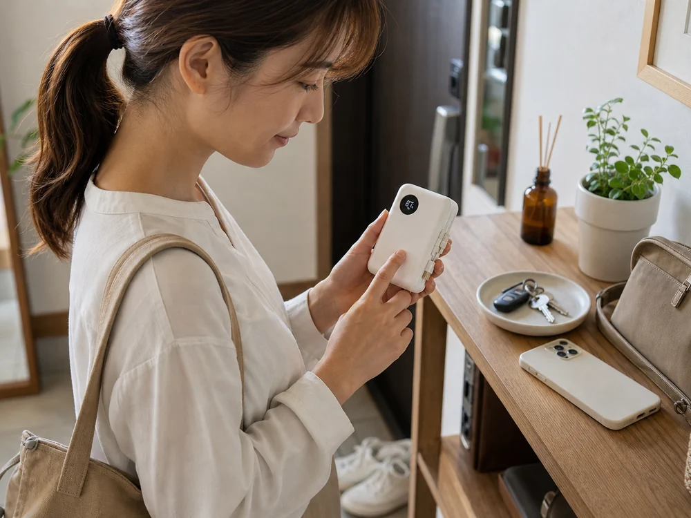 外出前に白いモバイルバッテリーの残量表示を確かめるイメージ