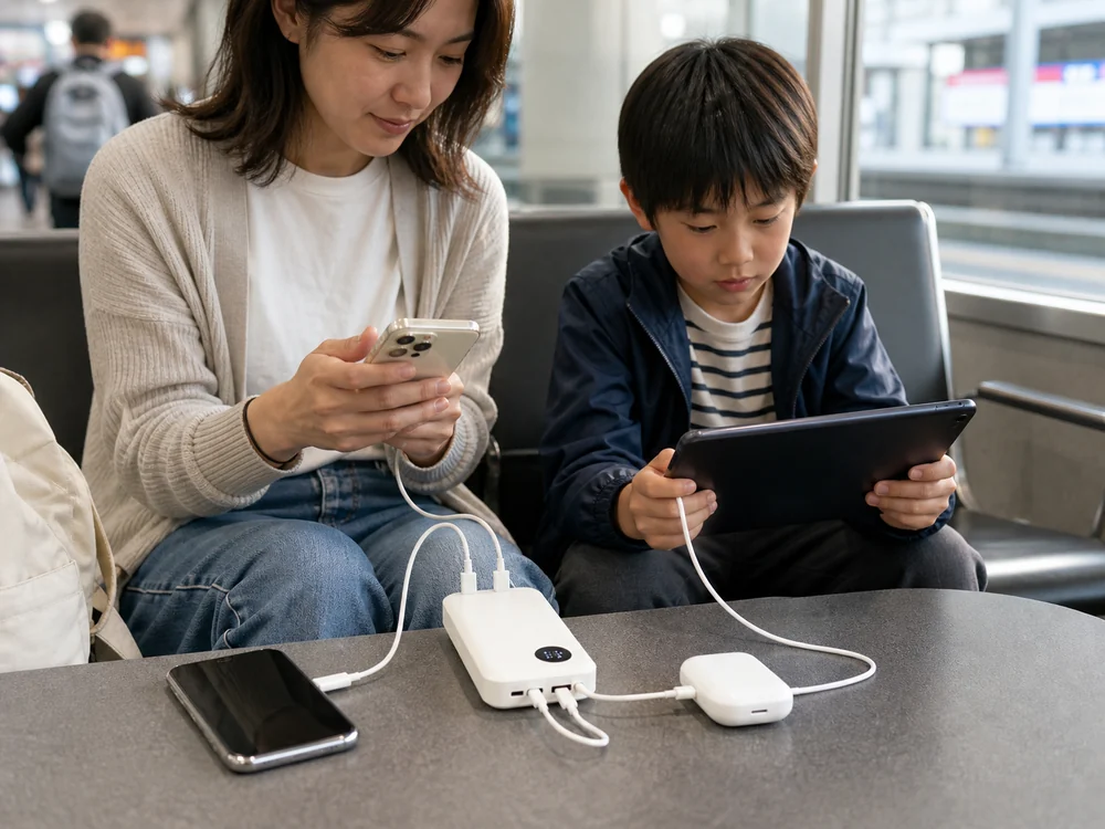 白いモバイルバッテリーで複数の小型端末をまとめて充電するイメージ