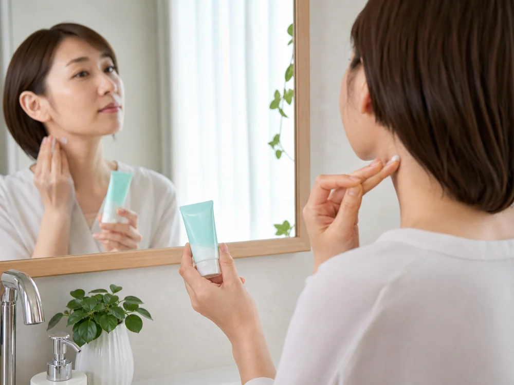 少量を首まわりに使う小さなチューブのサイズ感が伝わるイメージ