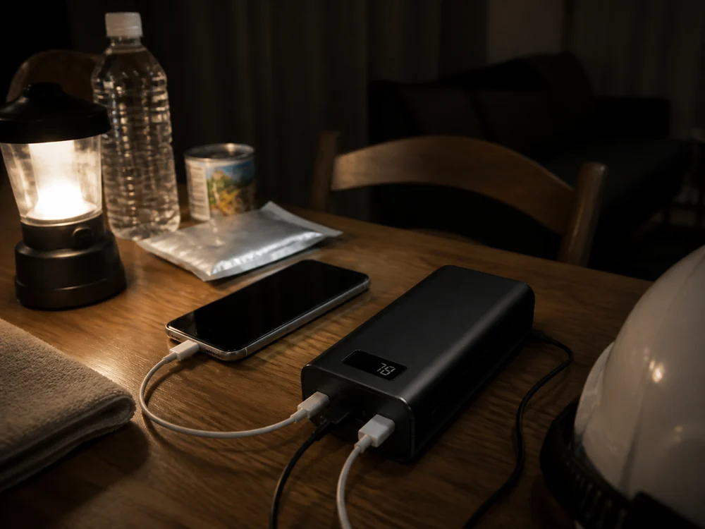 停電への備えとして大容量モバイルバッテリーでスマートフォンを充電するイメージ