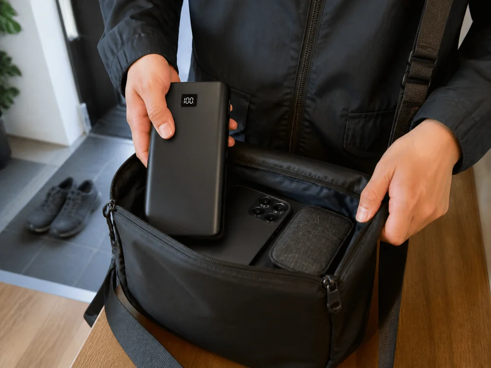 大容量モバイルバッテリーをバッグへ入れる前にサイズ感を確かめるイメージ