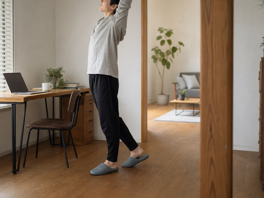 自宅で移動しながらIkucheLルームシューズを履くイメージ