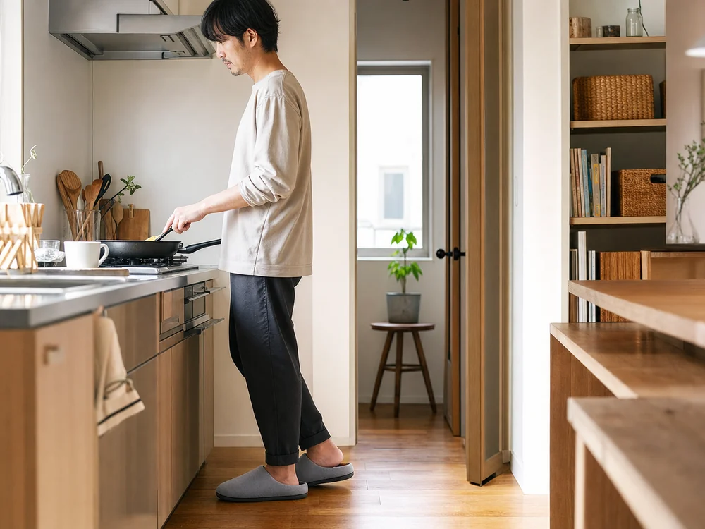 キッチンでIkucheL低反発ルームシューズを履いて立つ使用イメージ