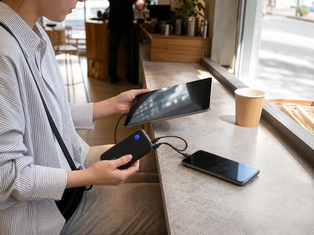 カフェの待ち時間にタブレットとスマホへ給電するINIU P41のイメージ