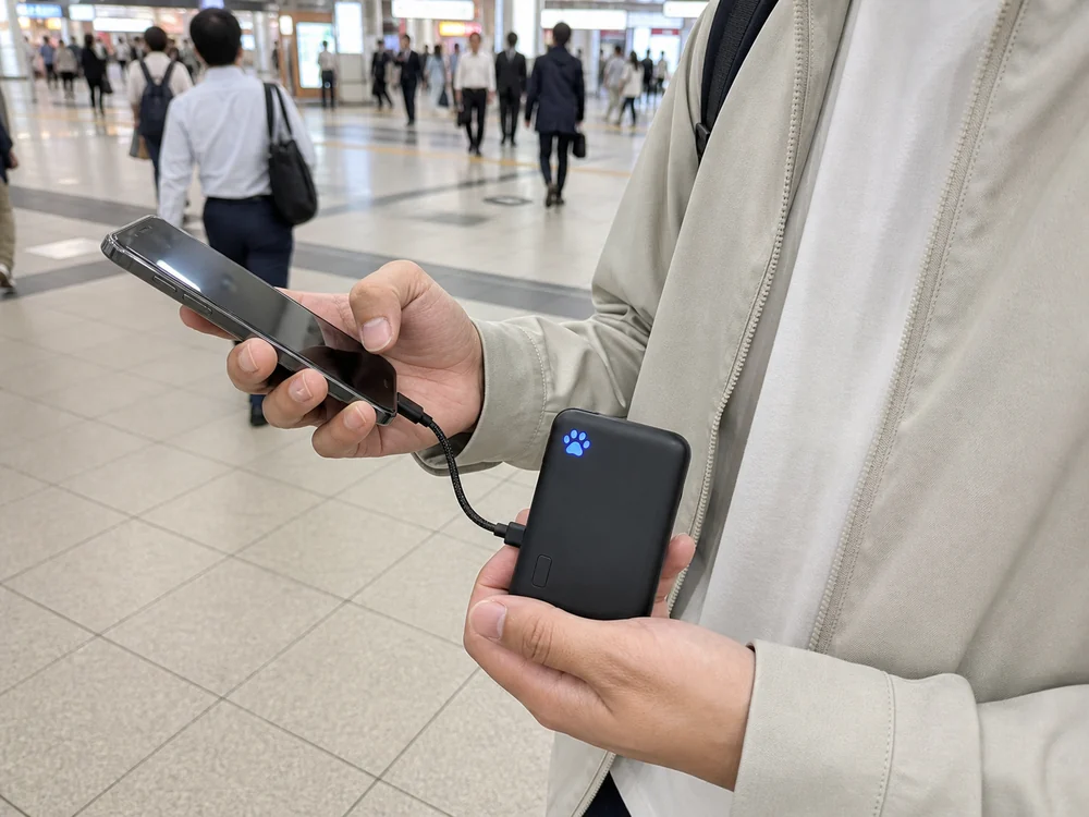 駅構内でスマホを充電しながら持てるINIU P41の使用イメージ