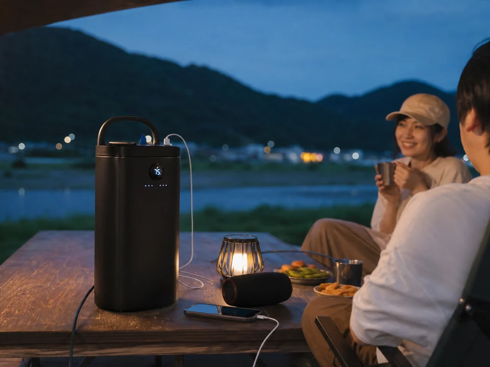 夕方の屋外で黒いバッテリーステーションが小型USB機器を支える利用イメージ