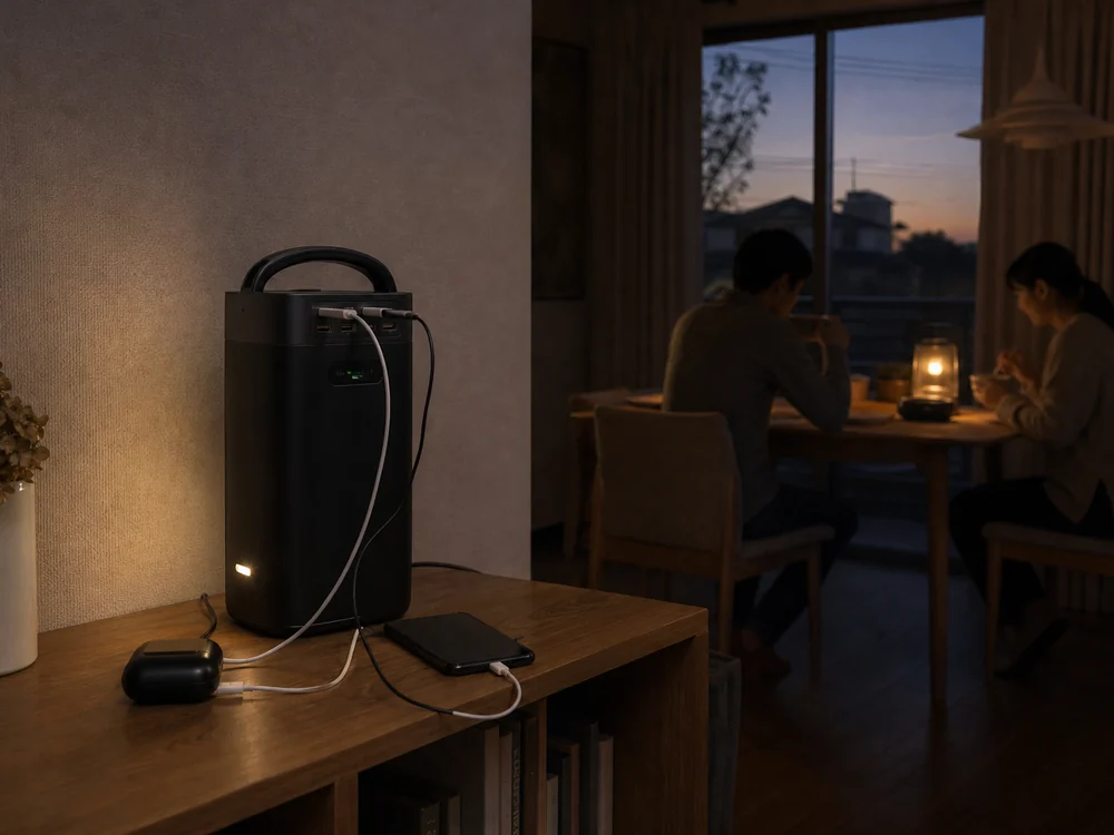 停電時の室内で複数のUSB機器へ給電する黒いバッテリーステーションの使用イメージ