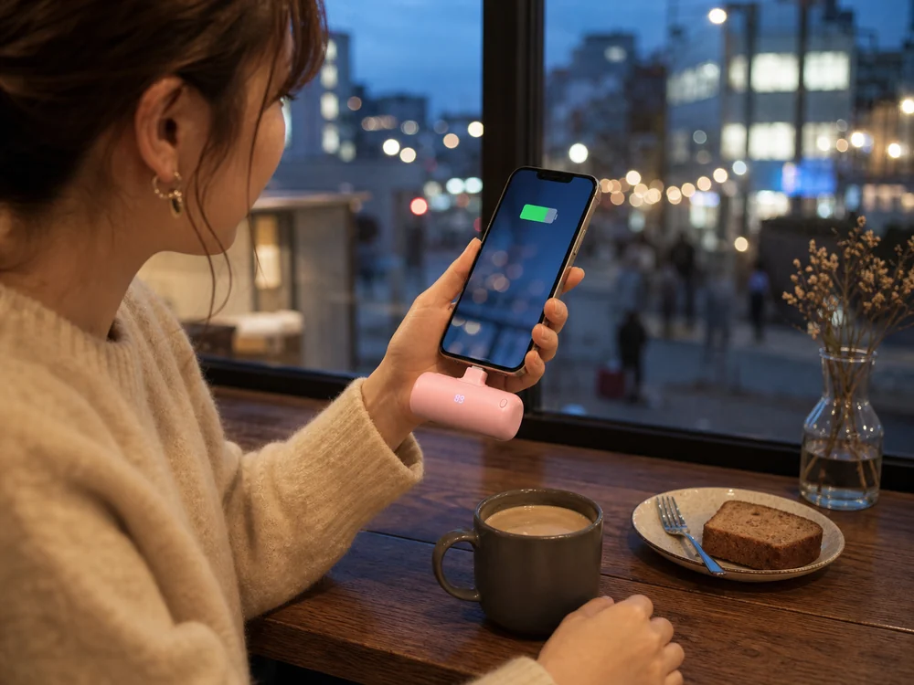 カフェでiWALKの一体型モバイルバッテリーの残量表示を見ながら使うイメージ