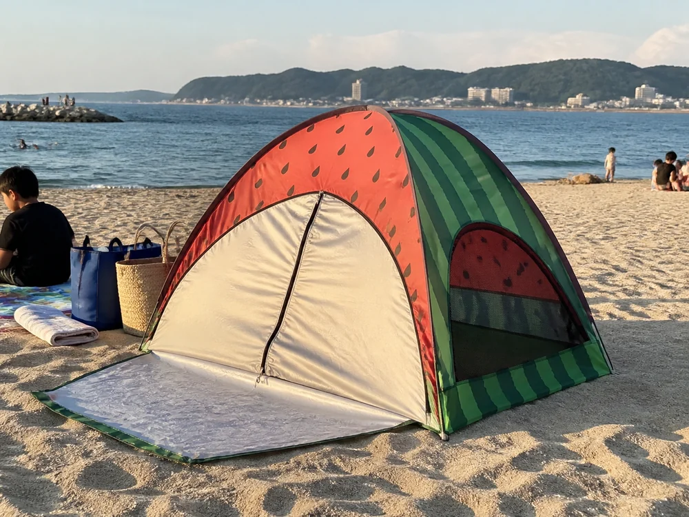 海辺で前面を閉じて使うポップアップテントのイメージ