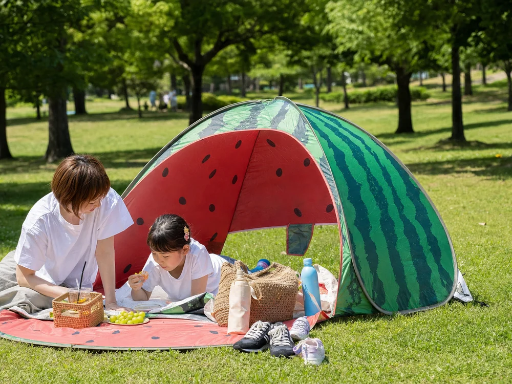 公園で親子が休憩するスイカ柄ポップアップテントの使用イメージ