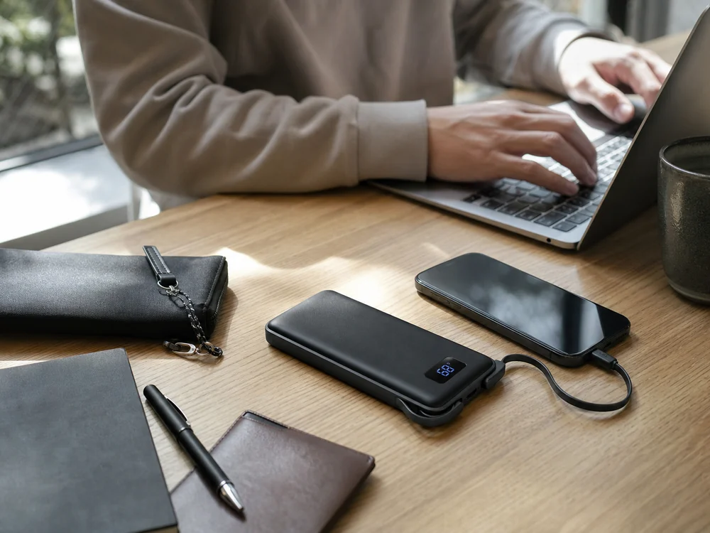 内蔵ケーブル付きの薄型モバイルバッテリーでスマートフォンを充電するデスク利用イメージ