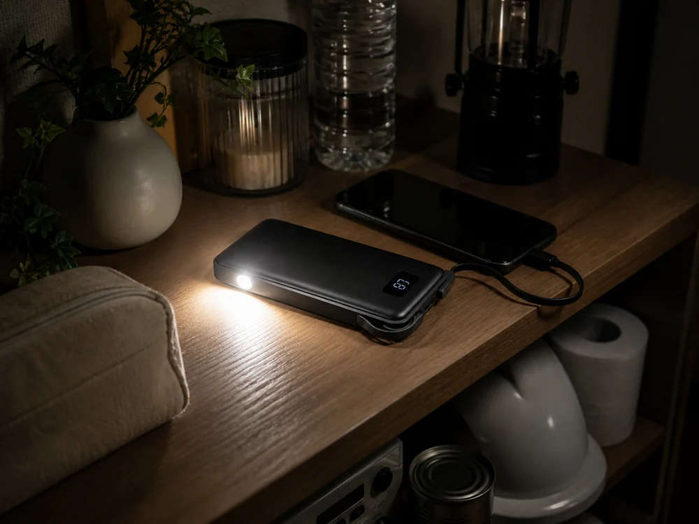 薄型モバイルバッテリーを非常時の明かりと充電に備えるイメージ