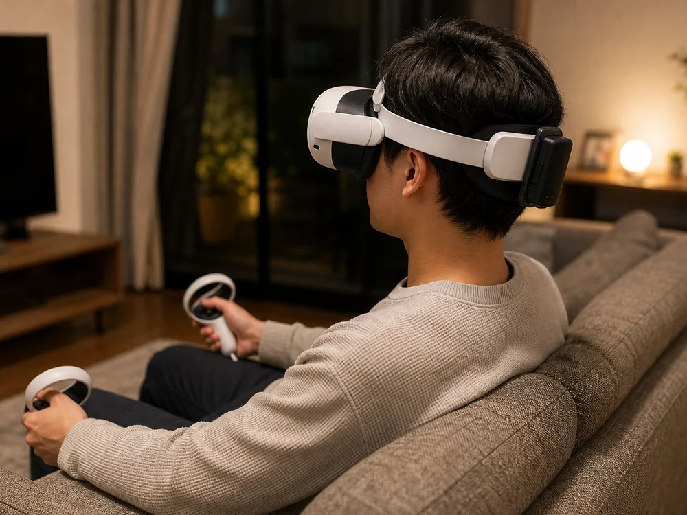 交換式バッテリーを装着したQuest系ヘッドセットで長時間VRを楽しむ様子