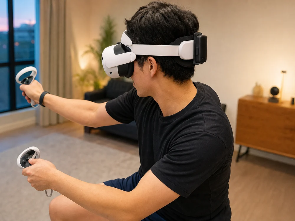 Quest系ヘッドセットの後部に交換式バッテリーを装着してVRを楽しむ様子