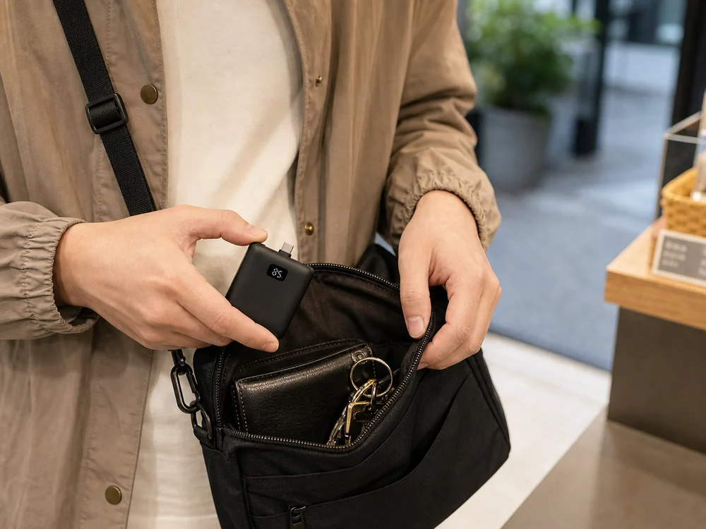 小さなバッグから取り出せる直挿しモバイルバッテリーのイメージ