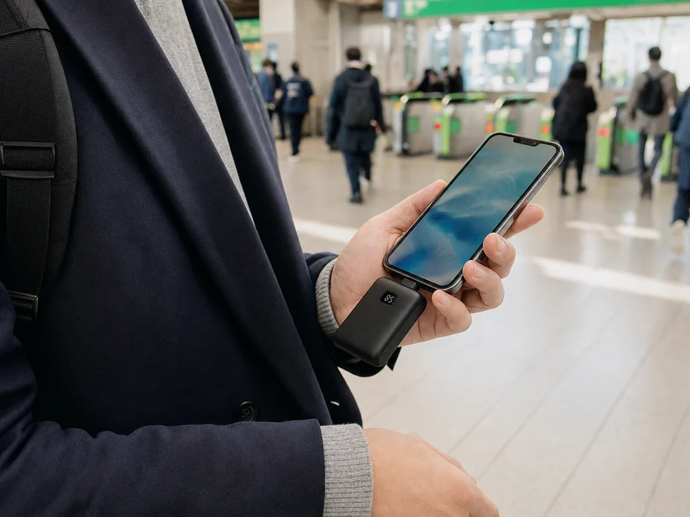駅でスマホに直挿しして使う小型モバイルバッテリーのイメージ