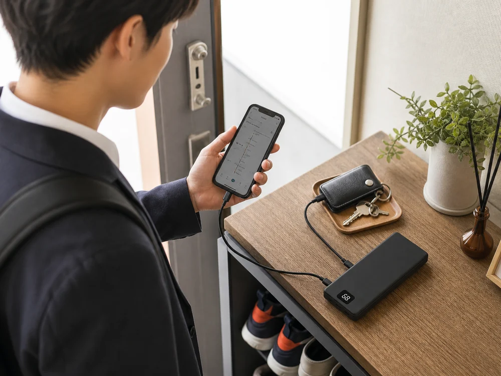 薄型の黒いモバイルバッテリーで外出前にスマホを充電する利用シーン
