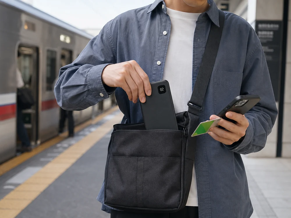 薄型の黒いモバイルバッテリーを小さめバッグから取り出す持ち歩きシーン