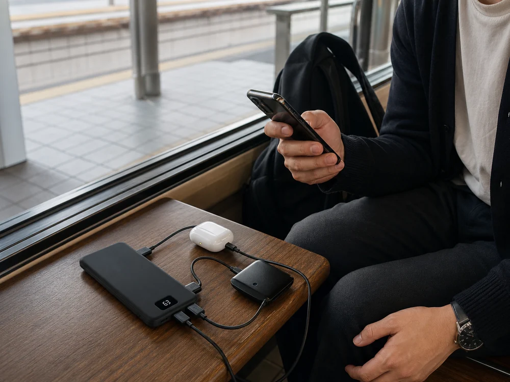 薄型の黒いモバイルバッテリーでスマホと周辺機器をまとめて充電する利用シーン
