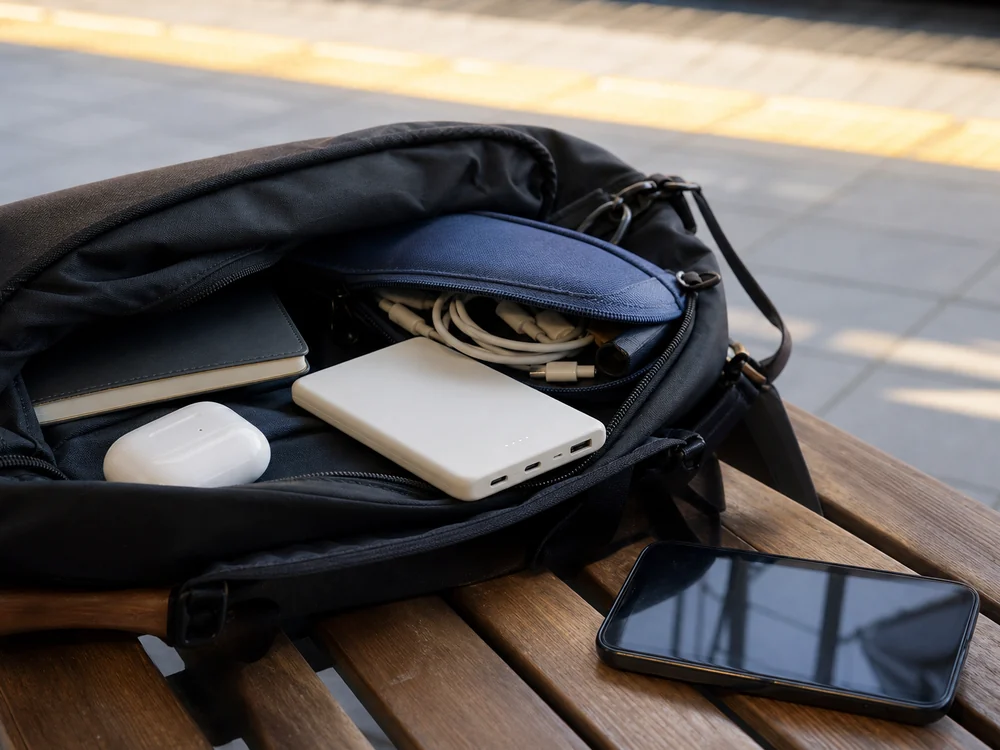 白い薄型モバイルバッテリーをポーチと一緒に持ち歩くイメージ
