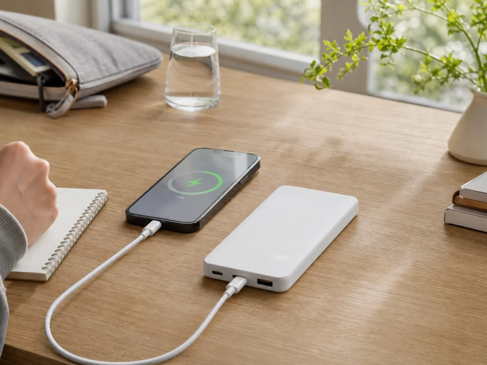 白い薄型モバイルバッテリーでスマートフォンを充電するデスク使用イメージ