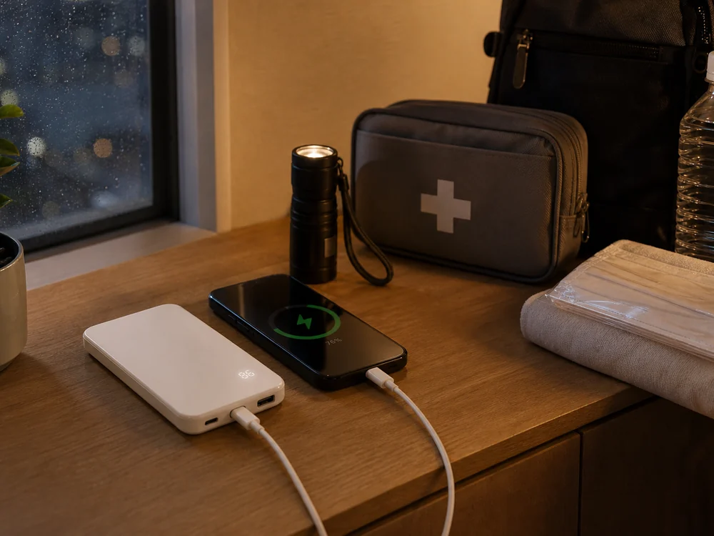 白い薄型モバイルバッテリーを非常用セットとして備えるイメージ