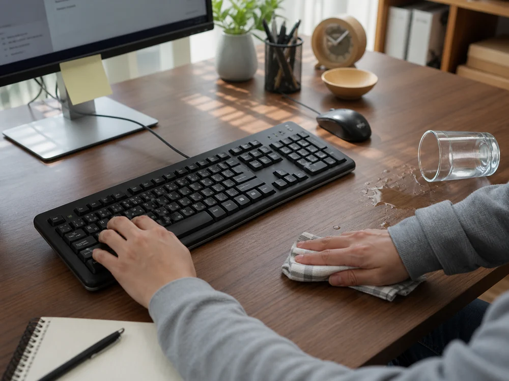 有線キーボードのそばで少量の水を拭き取りながら作業している様子