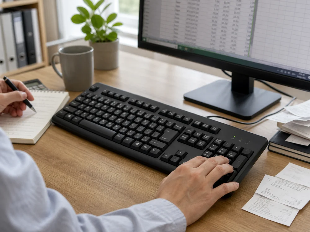 テンキー付き有線キーボードで表計算を入力している様子