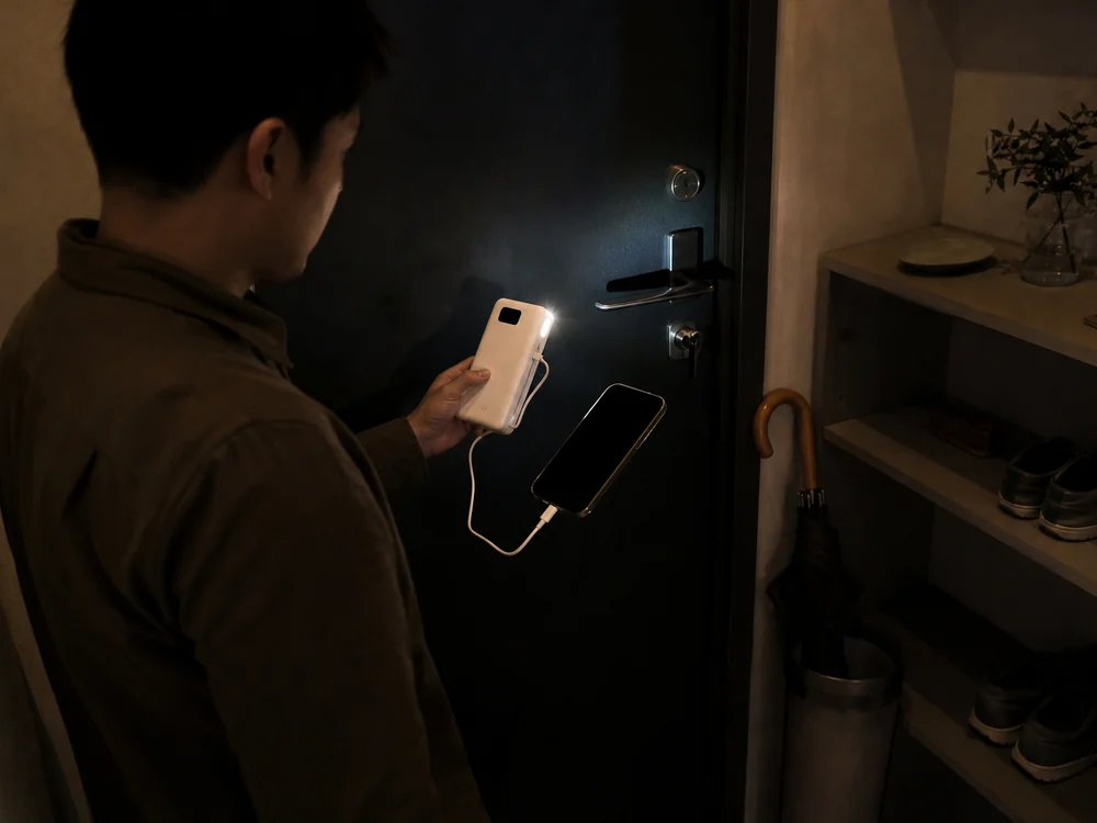 停電時の玄関でライト付きモバイルバッテリーを使う様子