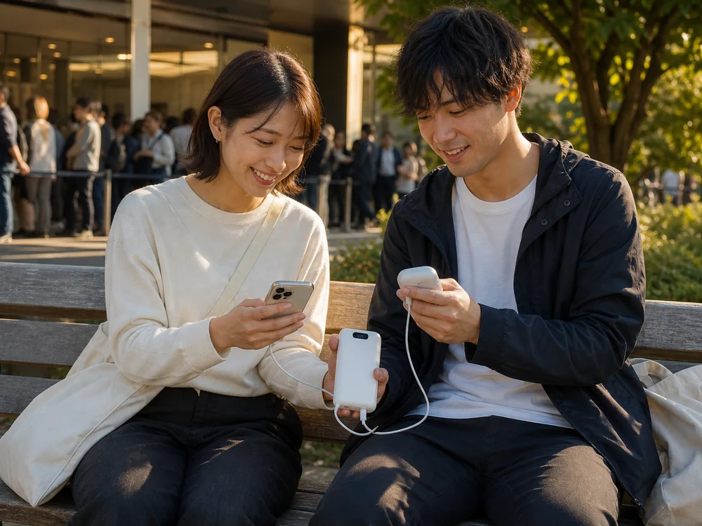 屋外イベント前に二人で白いモバイルバッテリーをシェアして使う様子
