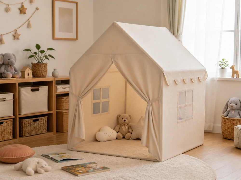 Monobeach風のベージュのキッズテントを子ども部屋に置いたサイズ感が伝わるシーン