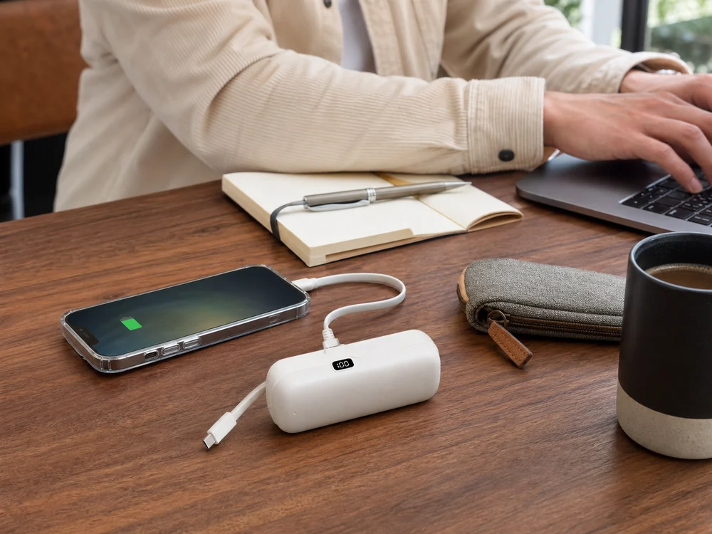 デスクでスマホを充電するNaiere Beauの小型モバイルバッテリー