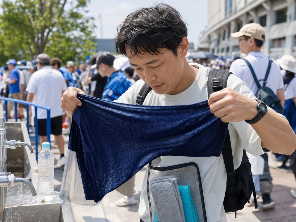 屋外観戦の待ち時間にネイビーの冷感タオルを使うイメージ