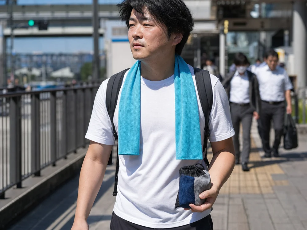通勤中に首元へターコイズの冷感タオルをかけて歩くイメージ