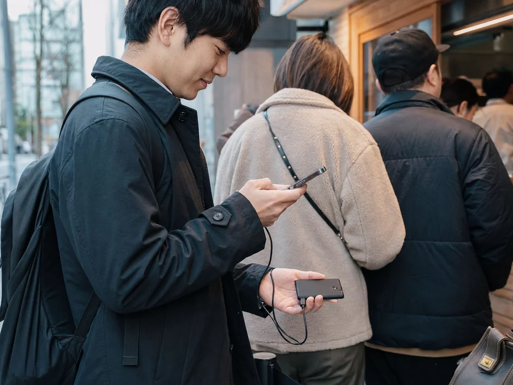 列に並びながら薄型モバイルバッテリーでスマホを使う様子