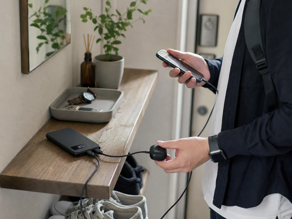 外出前に薄型モバイルバッテリーでスマホと小物をまとめて充電する様子